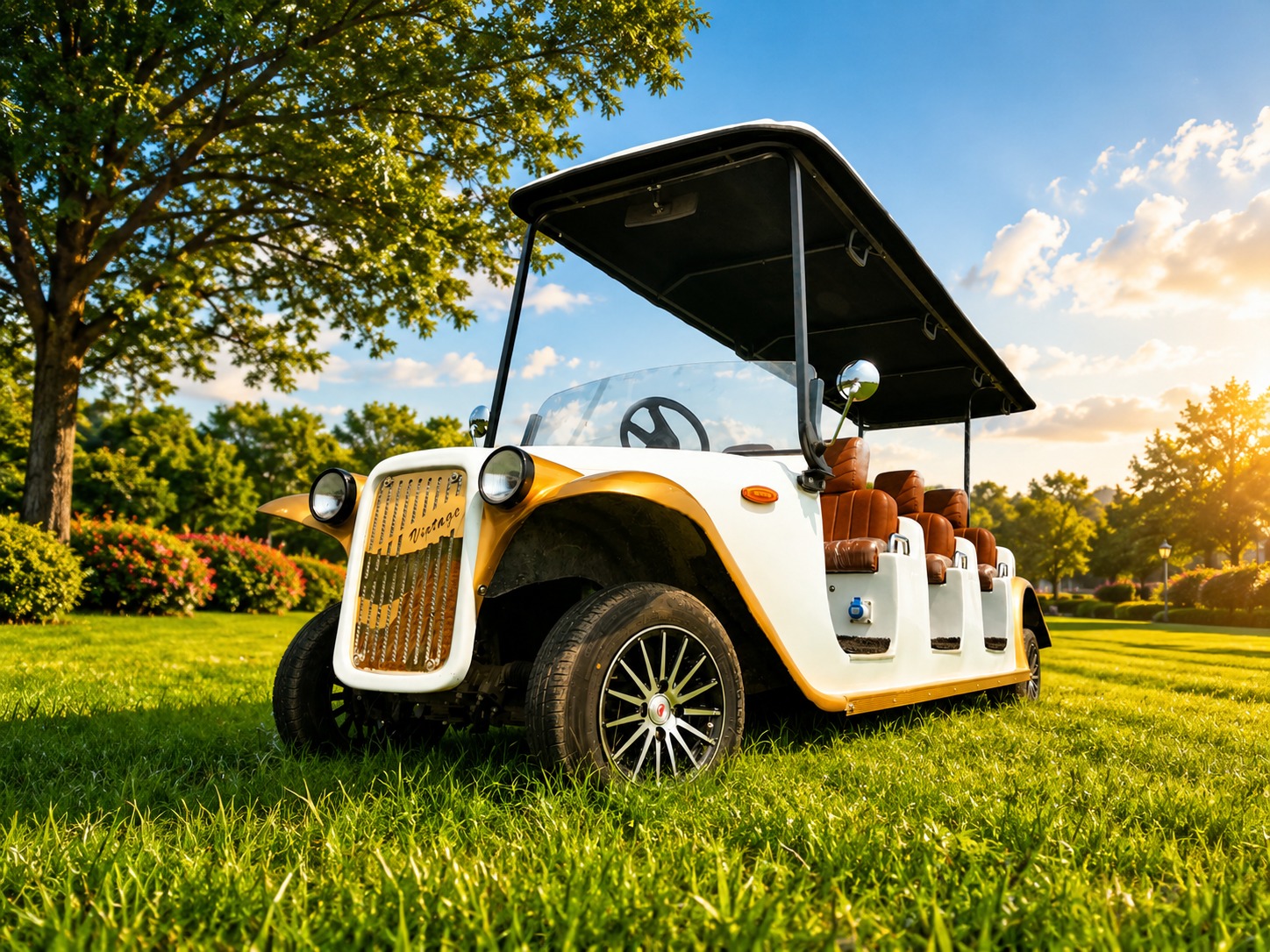 Vintage styled electric golf cart with classic bonnet
